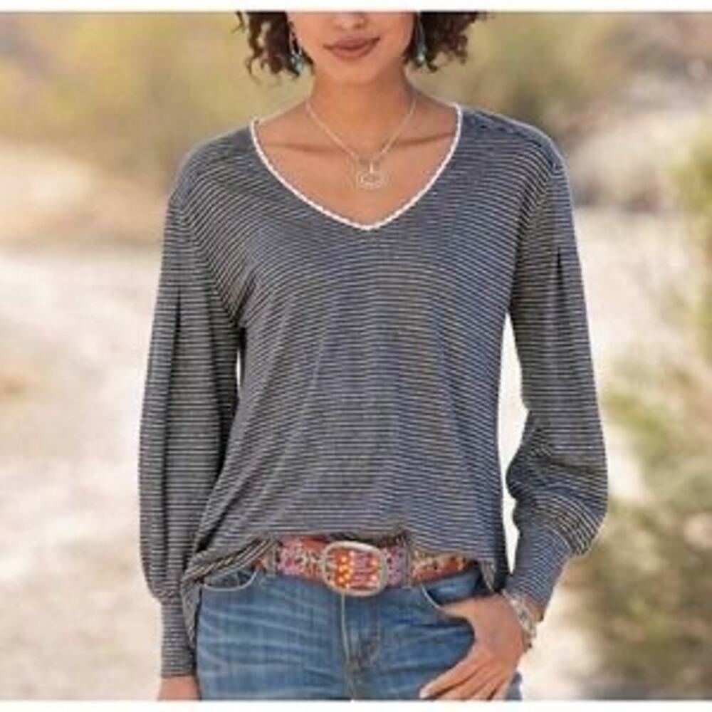 Sundance Mariner Journey Linen Striped V-Neck Pullover Size Medium
